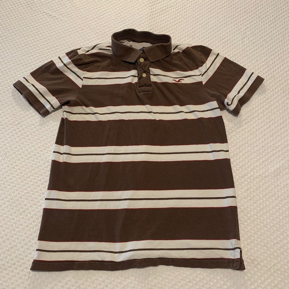 Hollister Mens Brown White Striped Short Sleeve Cotton Polo Shirt Size M